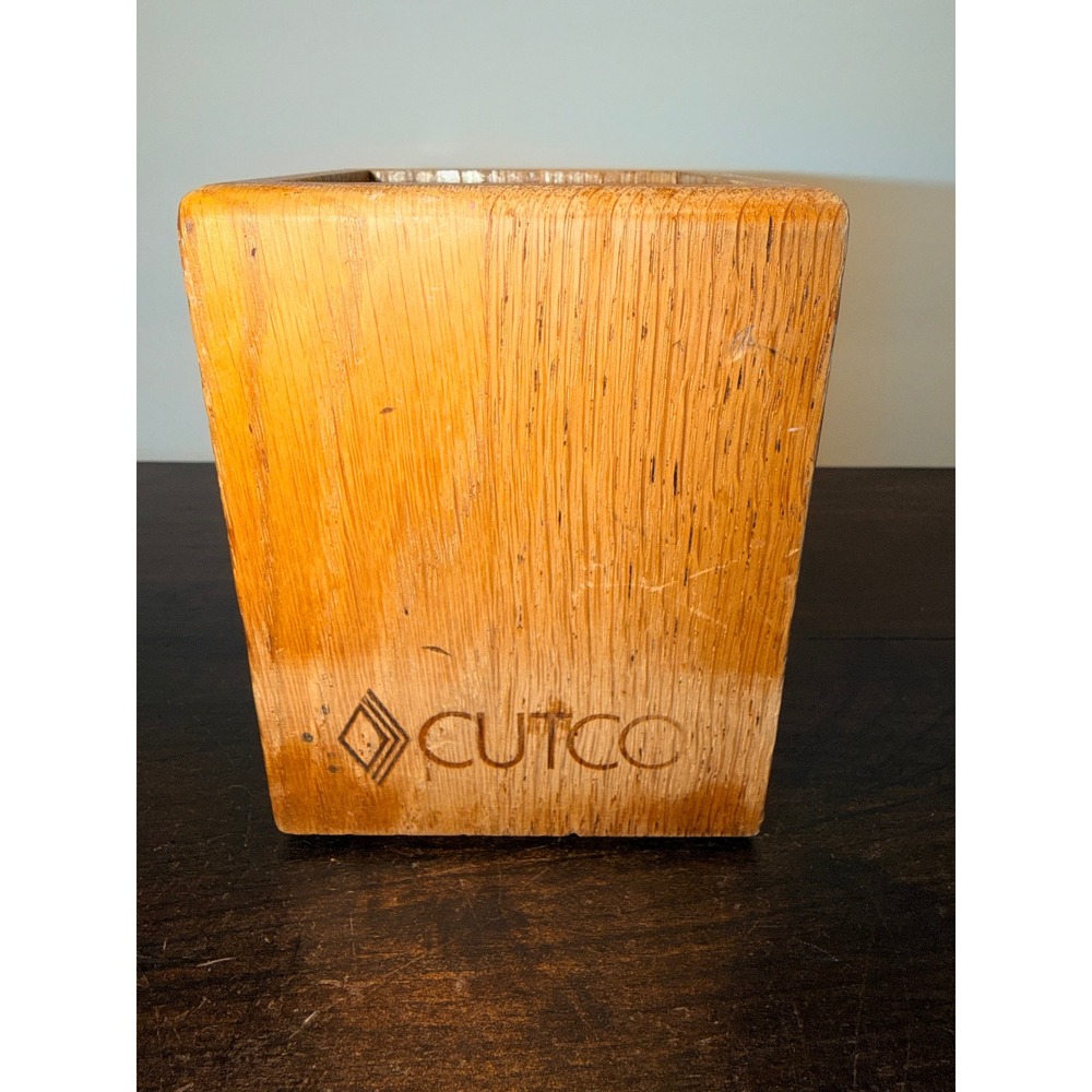 Cutco Oak Wood Kitchen Utensil Holder Tapered Square Tool Caddy Logo Branded‎